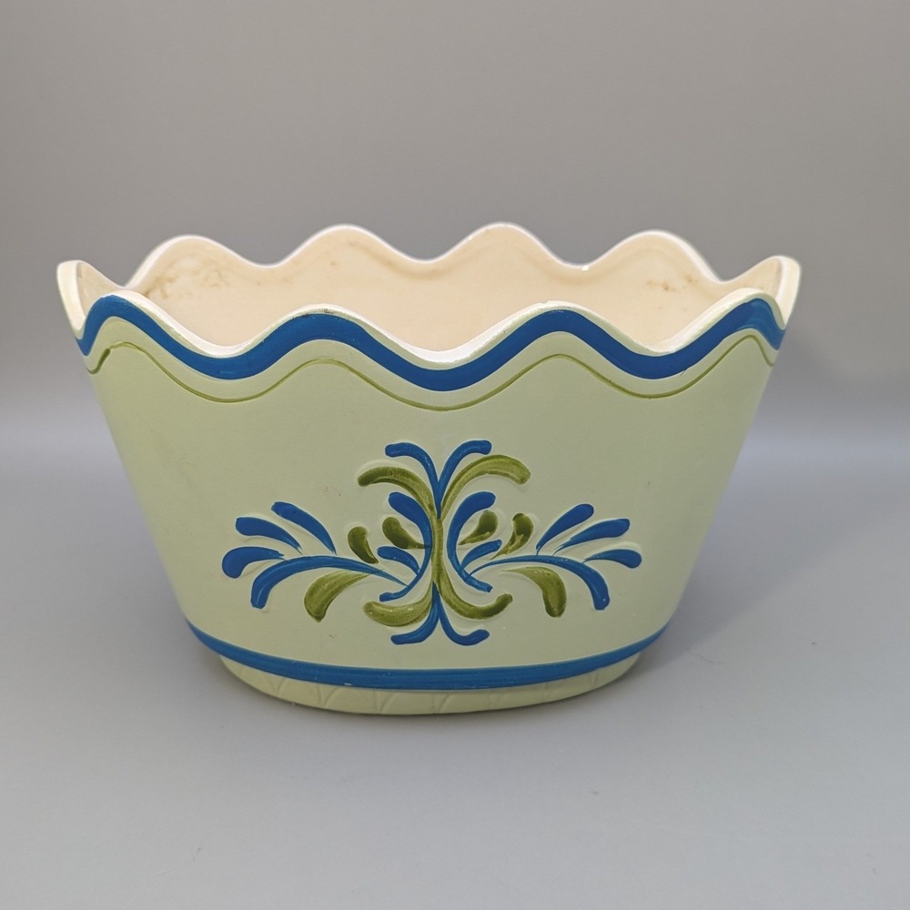 Vintage MCM Inarco Japan Scalloped Planter Bowl Blue Green Fleur De Lis E-4538